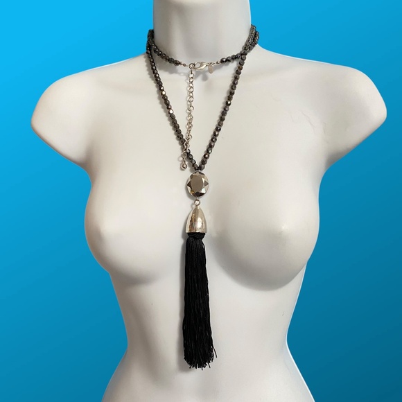 CHICO"S Glass Beads Black Silk Tassel Long Statement Necklace 31"-35" - Picture 6 of 7